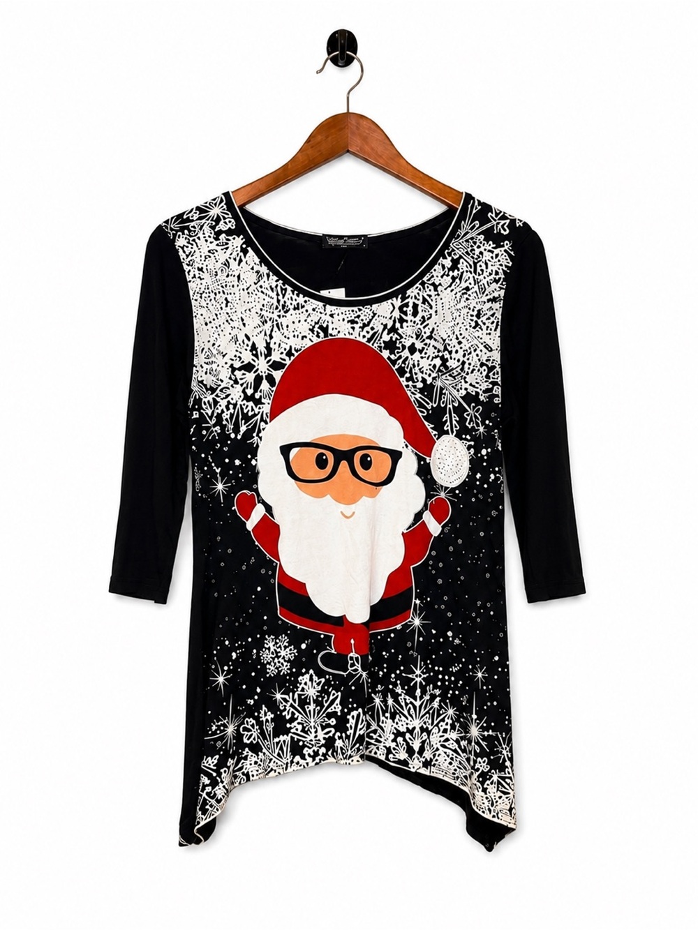 NWT Vanilla Sugar Santa Christmas Tunic Top Medium Black 3/4 Sleeve Made USA